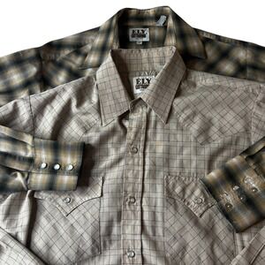 2 Ely Cattleman Men Medium Western Plaid Snap Button Long Sleeve Shirt Tan Brown